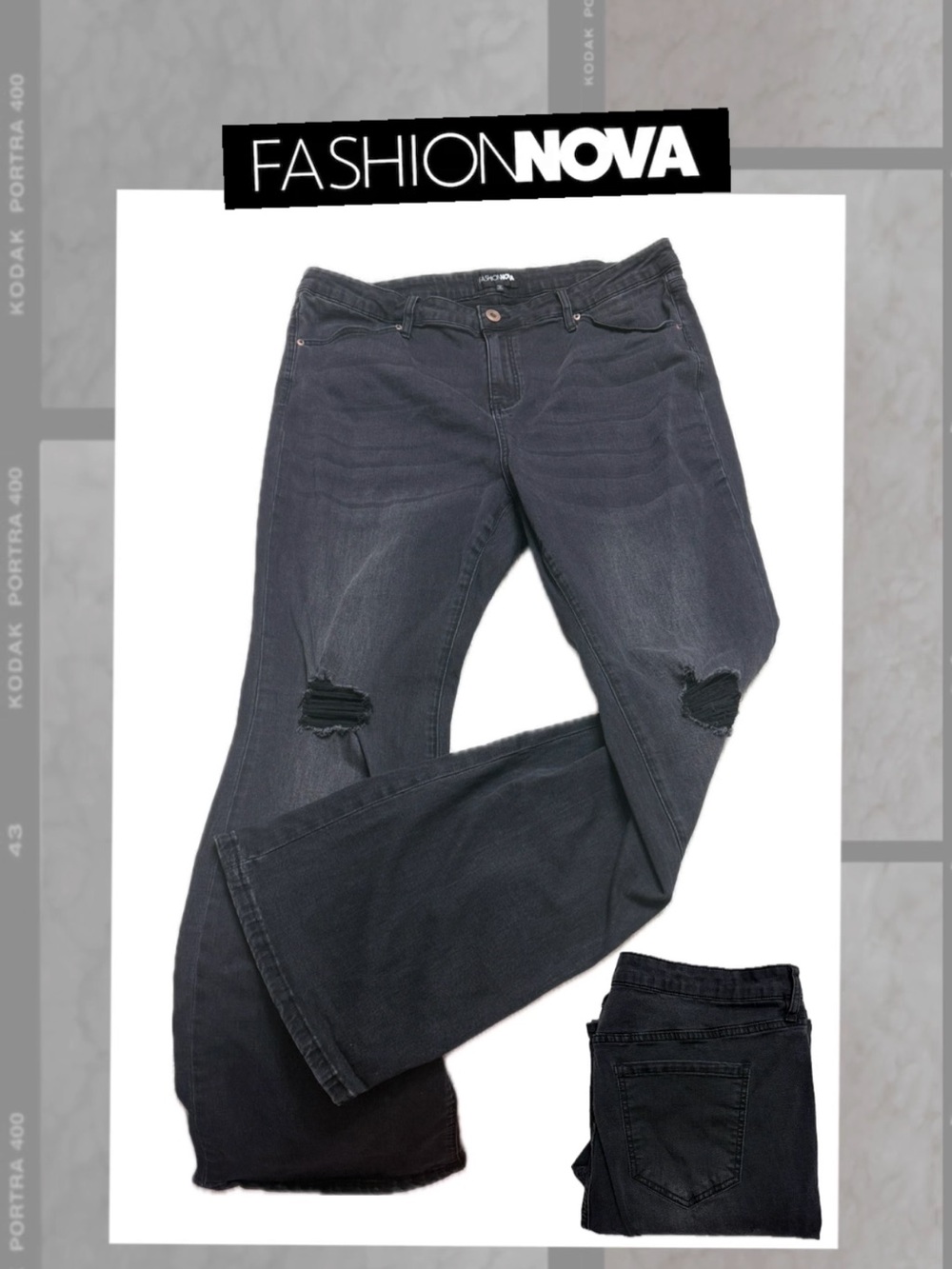 Fashion Nova Black Flare Jeans with Knee Distress